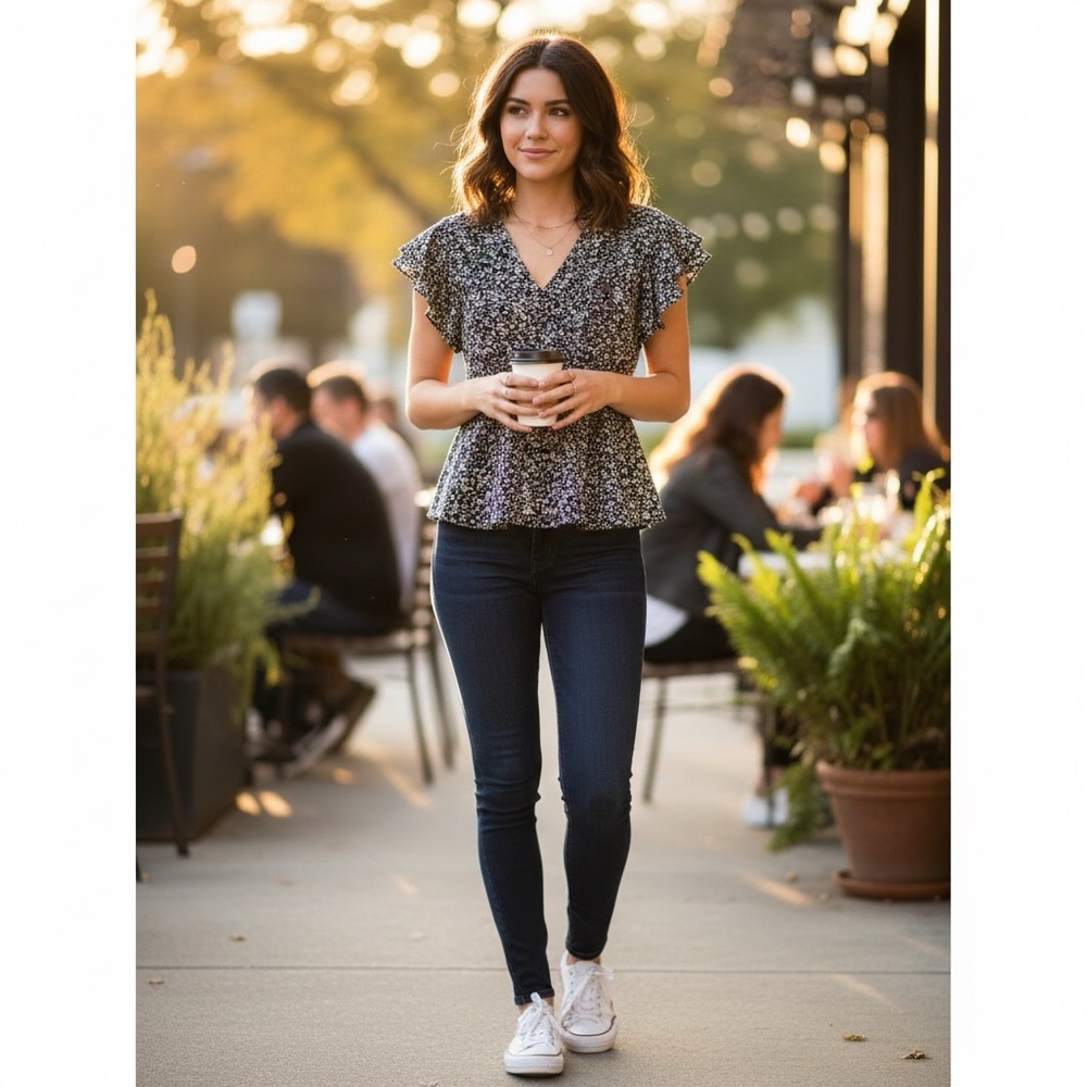 Monteau Peplum Top Black/white ditsy‎ floral w/flutter sleeves / feminine/ boho